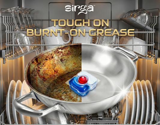 Sirga Dishwasher Pods tablets touch on burnt on grease