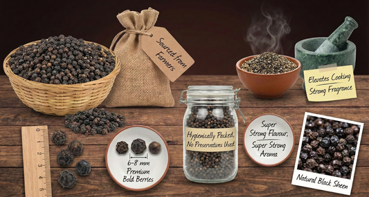 Sirga's high-oil Black Pepper, high-quality Sirga black peppercorns ripening on the vine in a lush plantation