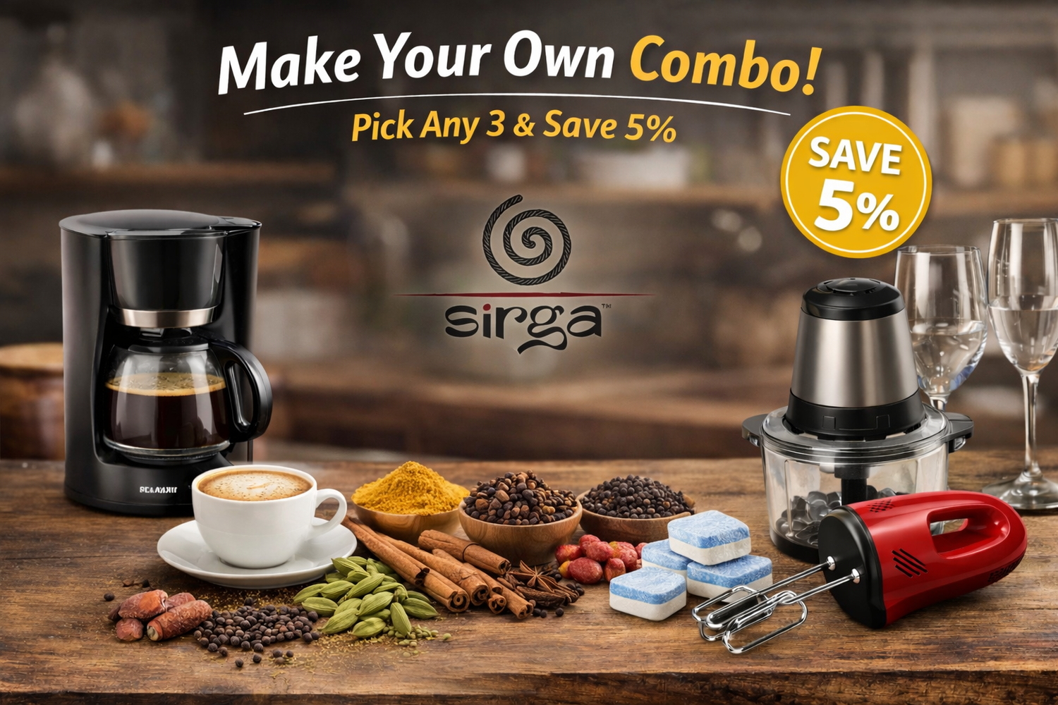 Make your own kitchen combo with spices, coffee, appliances and cleaning essentials