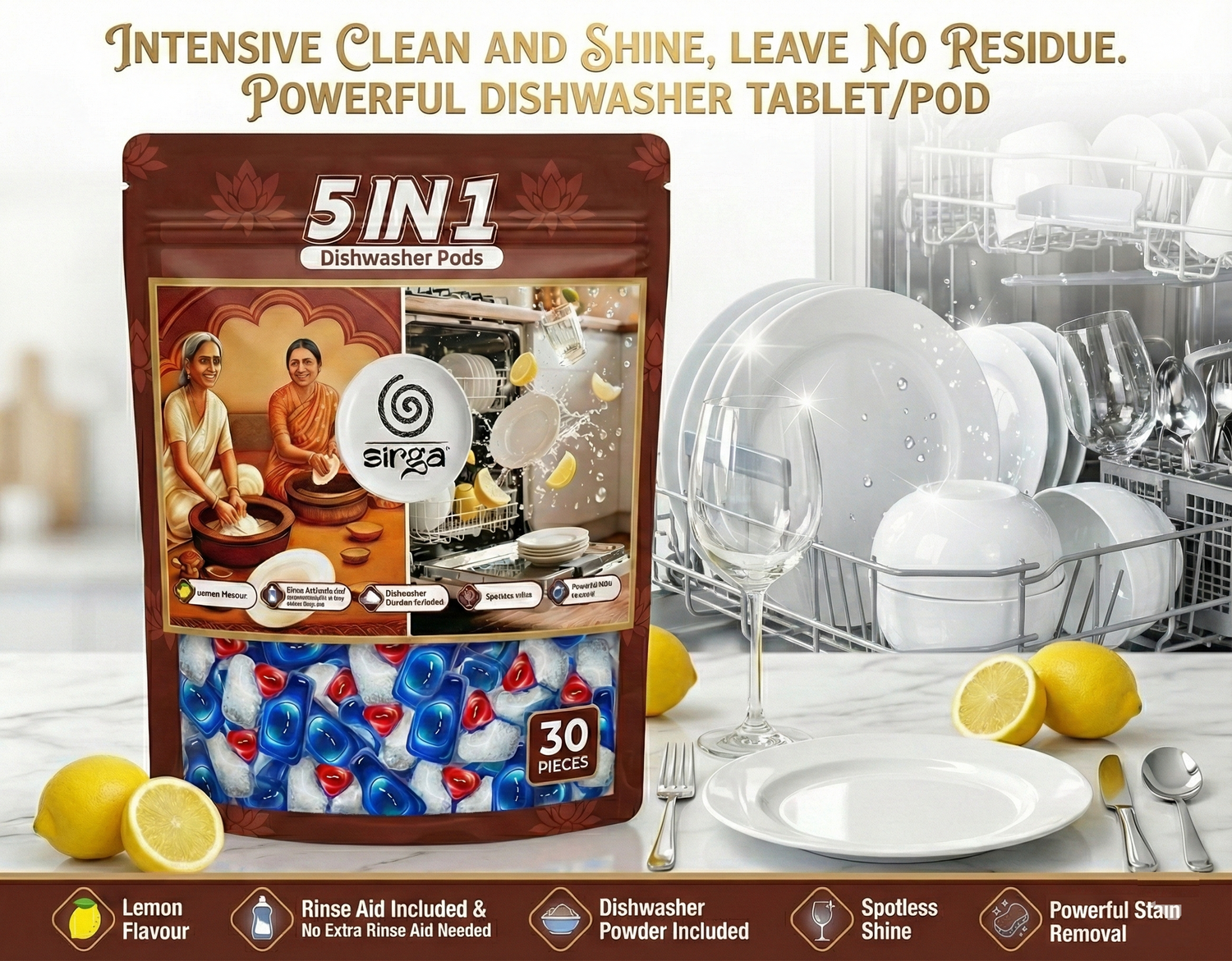 Sirga Dishwasher Pods Tablets 5 in 1 advance cleaning formulae, intensive clean and shine, leave no residue, powerful dishwasher tablet/pod