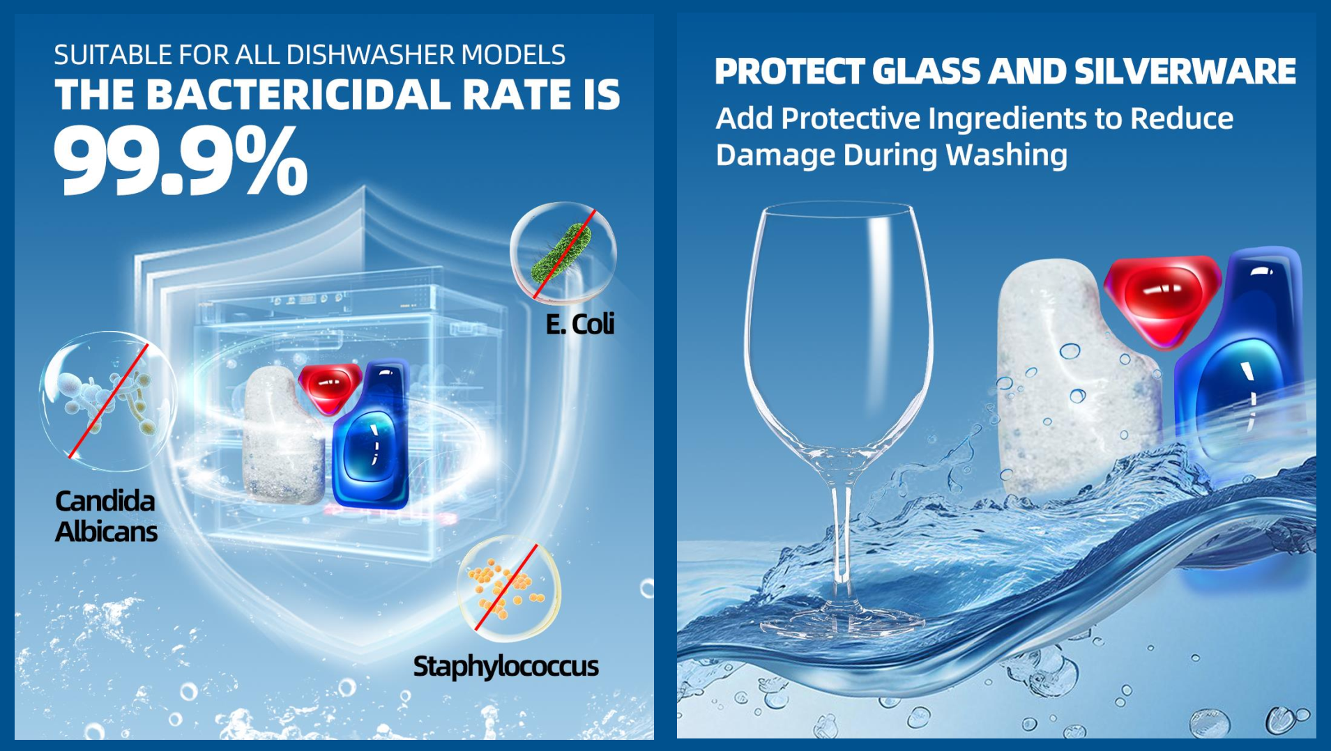 Sirga Dishwasher pods tablets, 99.9% bacterial removal rate, protects glass and silverware