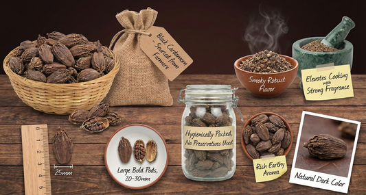 Badi Elaichi (Black Cardamom) Whole | Large Bold 25mm+ Whole Pods | Smoky Robust Flavor & Rich Earthy Aroma - 100g