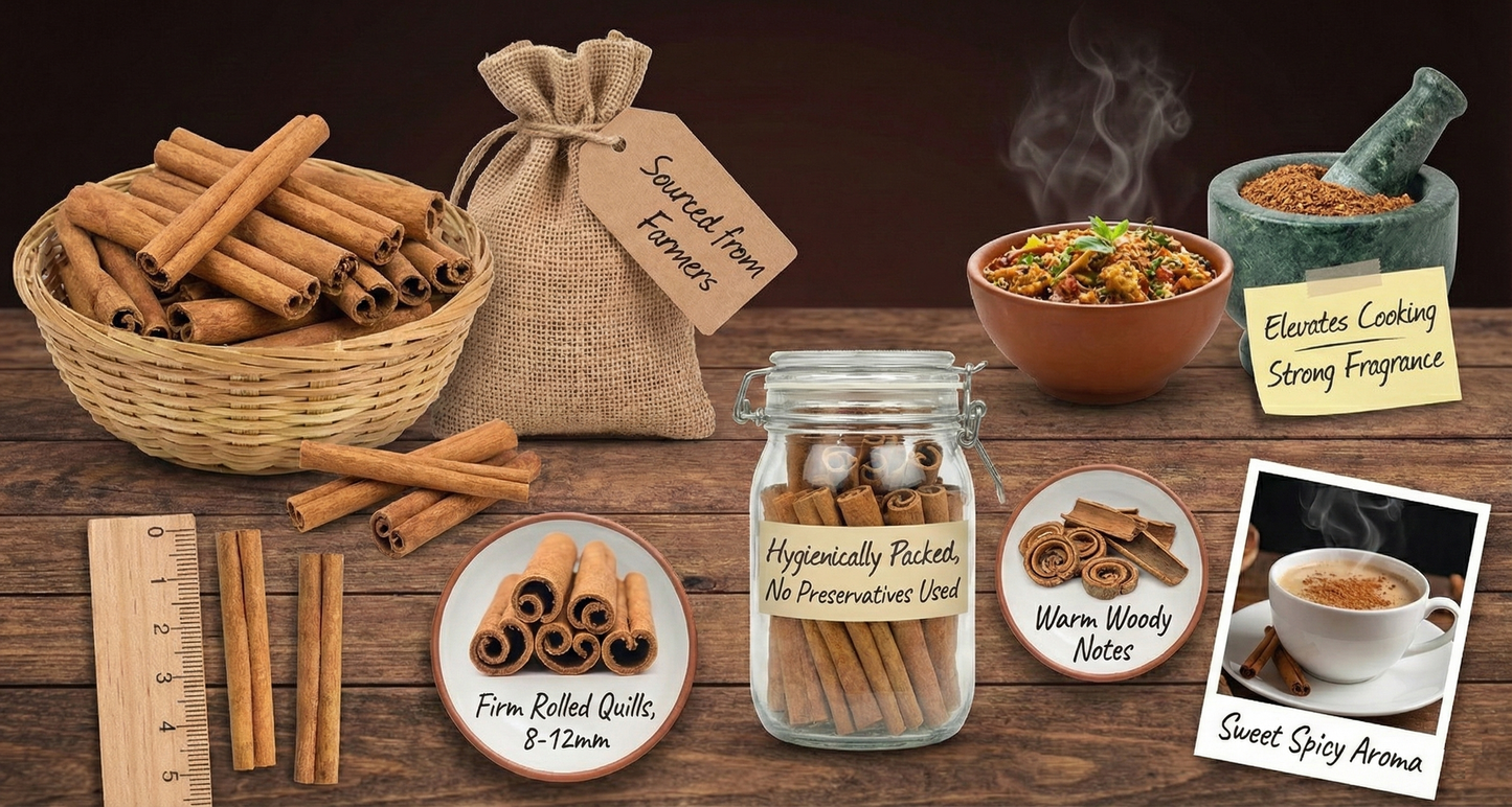 Dalchini (Premium Cinnamon Sticks) Whole| Sweet Spicy Aroma | Firm Rolled Quills | Natural, Preservative-Free & Farm Sourced - 100g