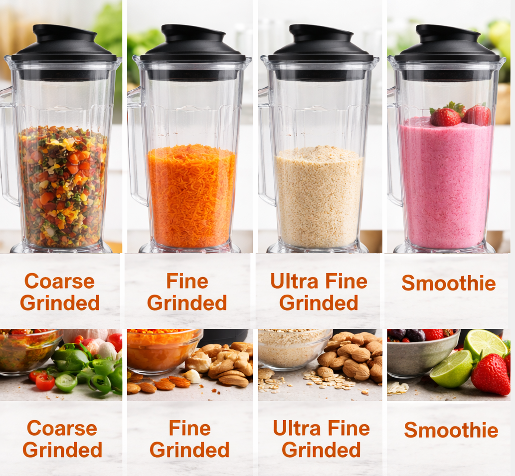 Blender cups with different grinding levels and food contents on a white background, coarse grind, fine grind, ultra fine grind, smoothie