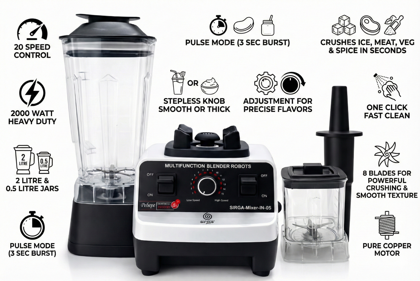 Sirga heavy duty mixer grinder blender showing multi-function use for blending, grinding, and mincing