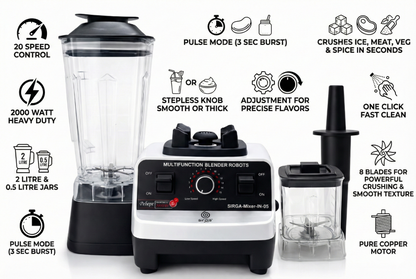 Sirga heavy duty mixer grinder blender showing multi-function use for blending, grinding, and mincing