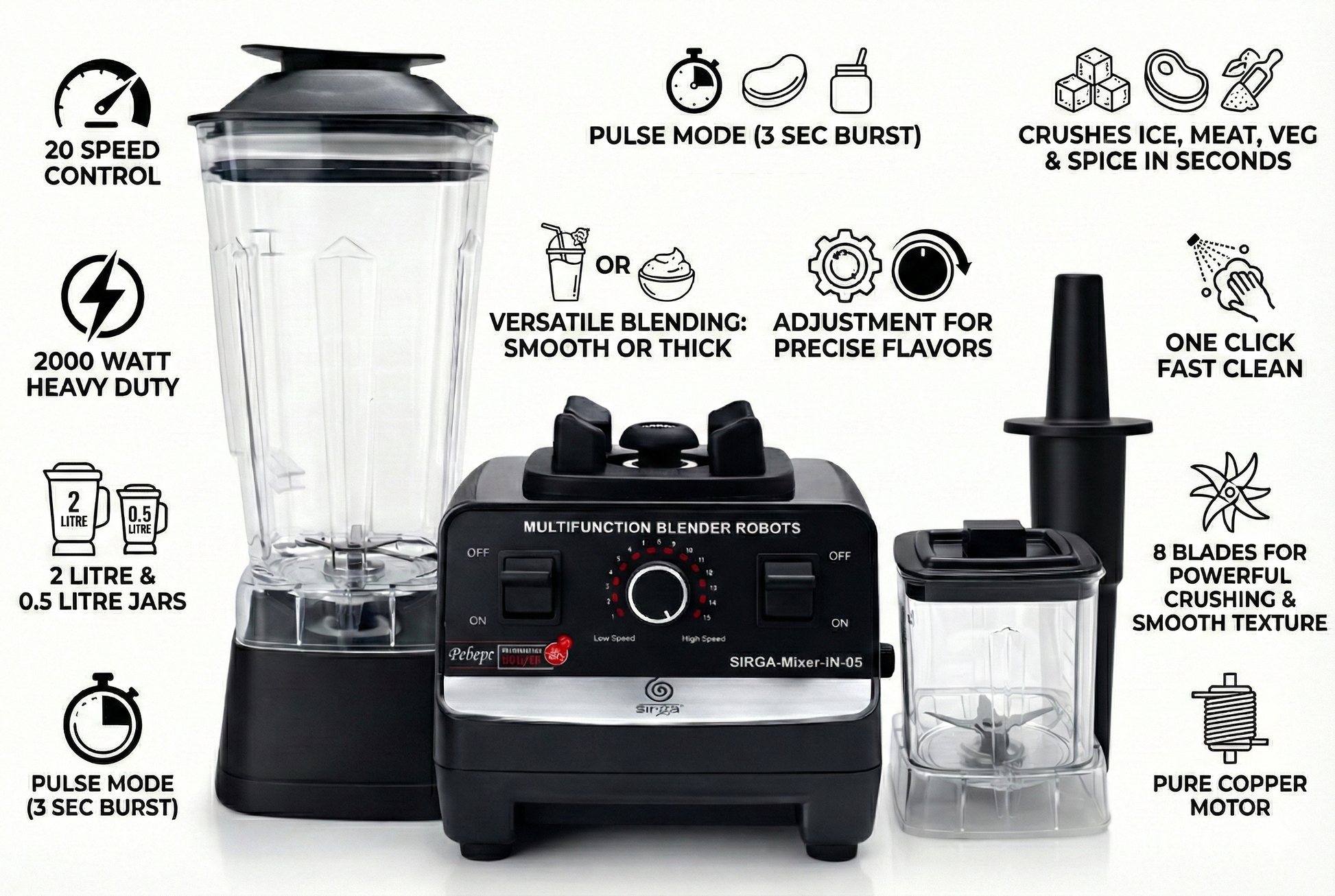 Sirga heavy duty mixer grinder blender showing multi-function use for blending, grinding, and mincing