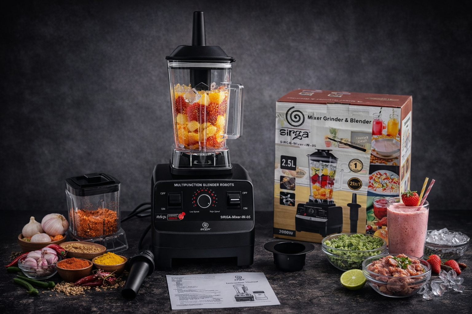 Sirga 2000W commercial heavy duty mixer grinder blender with jars and black premium design