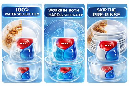 Sirga Dishwasher Pods tablets 100% water soluble film, works in both hard and soft water, skip the pre-rinse