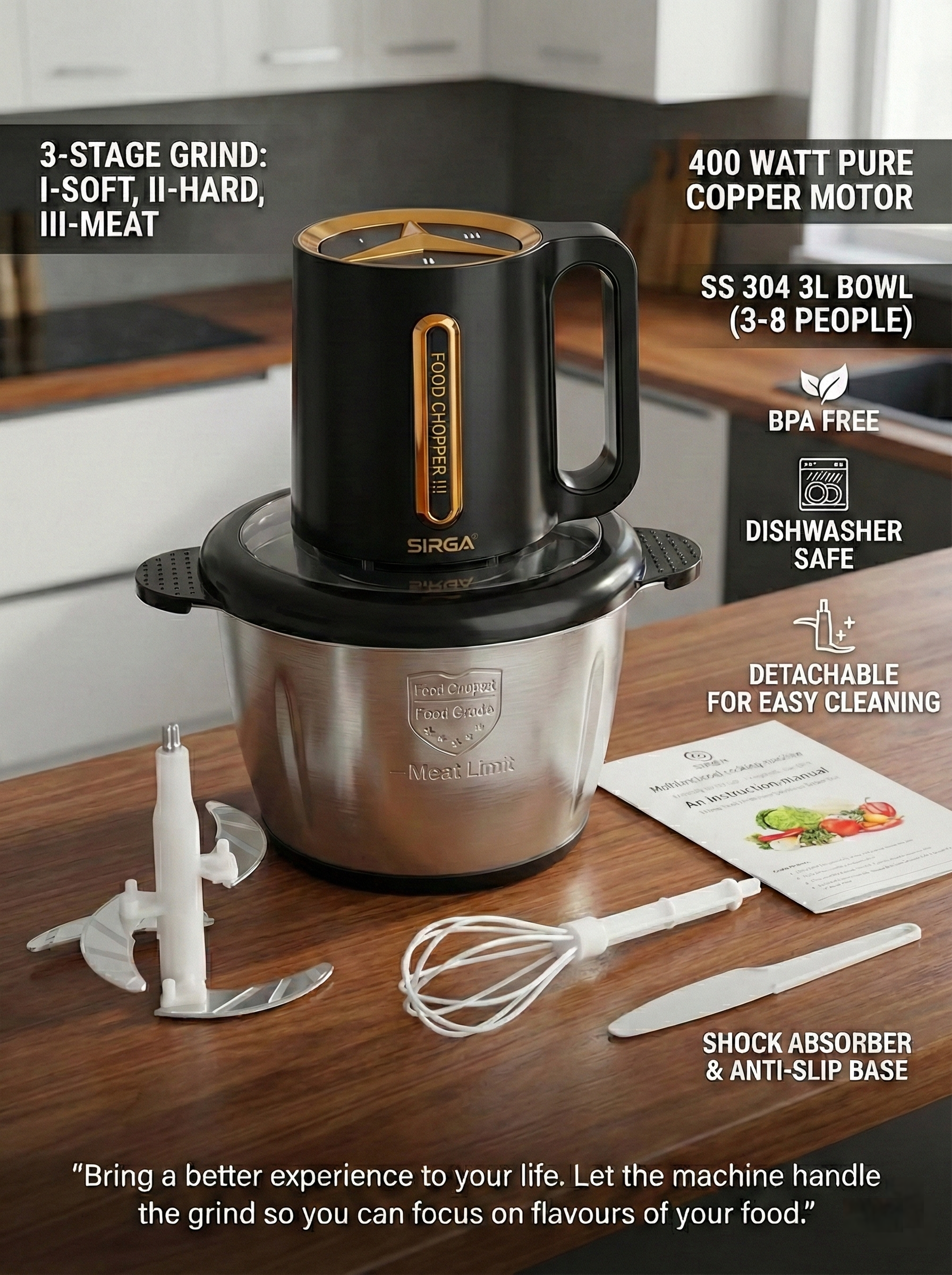 Sirga electric food chopper grinding vegetables and meat in SS304 stainless steel bowl, BPA Free, Dishwasher Safe, 3 stage for easy to hard grinding, anti shock base