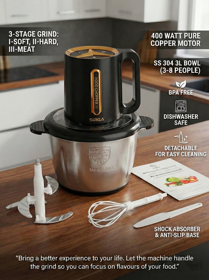 Sirga electric food chopper grinding vegetables and meat in SS304 stainless steel bowl, BPA Free, Dishwasher Safe, 3 stage for easy to hard grinding, anti shock base