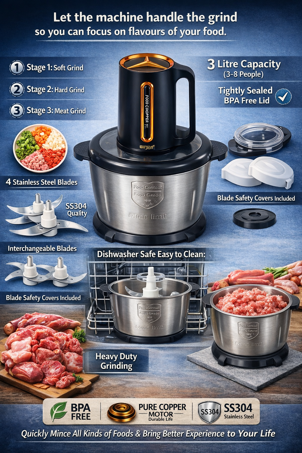 Sirga electric food chopper dishwasher safe stainless steel bowl and detachable parts