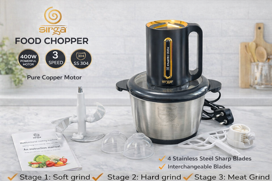 Sirga Electric food chopper three stage grinder mode, 4 stainless steel blade and interchangeable blades, 400 watt powerful motor, SS304 bowls, dishwasher safe