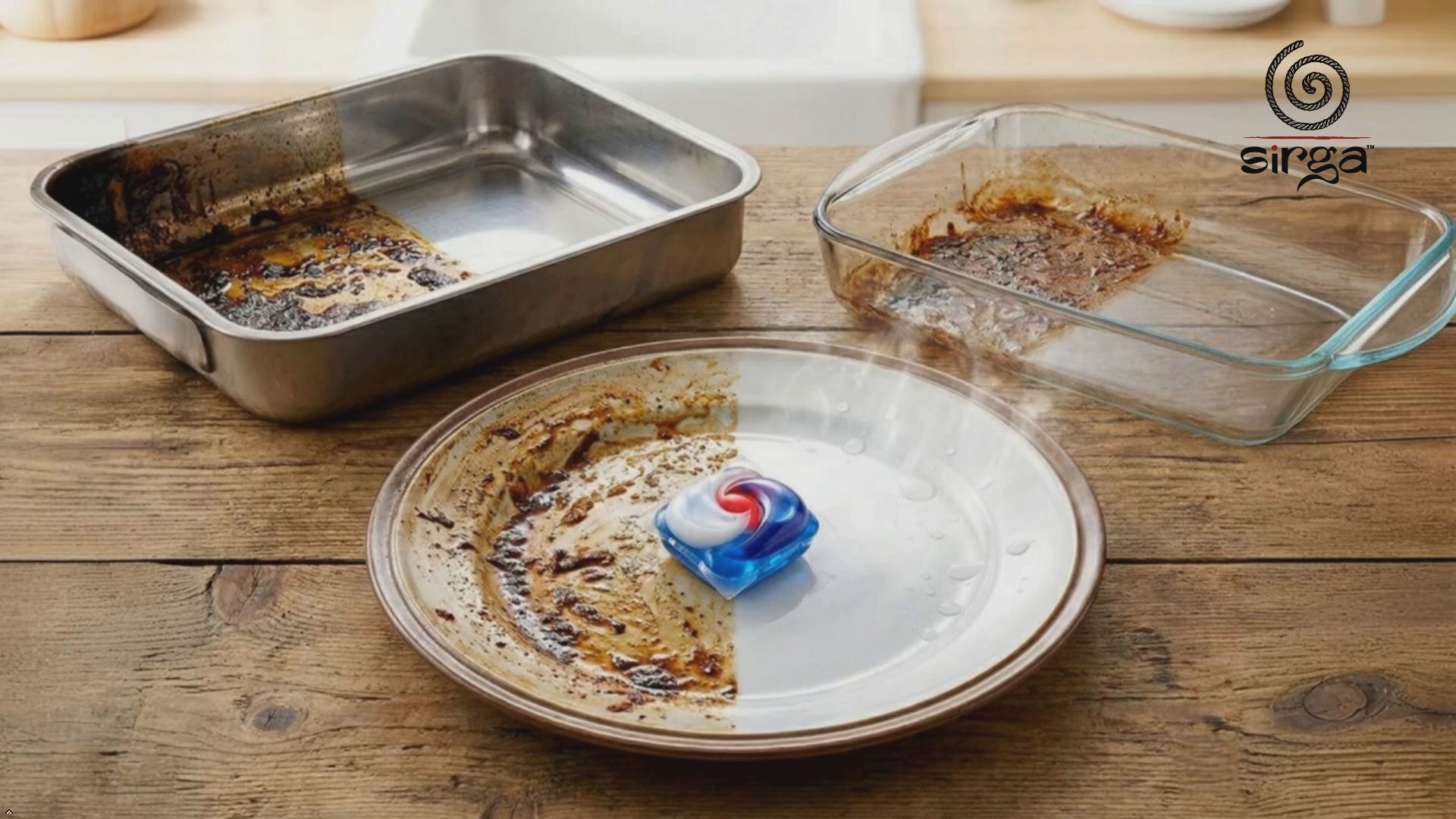 Sirga Dishwasher Pods tablets 5 in 1, tough on grease and burnt dishes. 