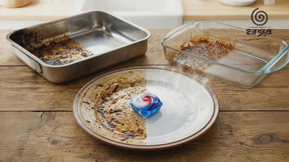 Sirga Dishwasher Pods tablets 5 in 1, tough on grease and burnt dishes. 
